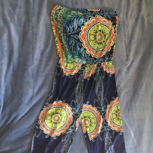 Colorful strapless jumpsuit.